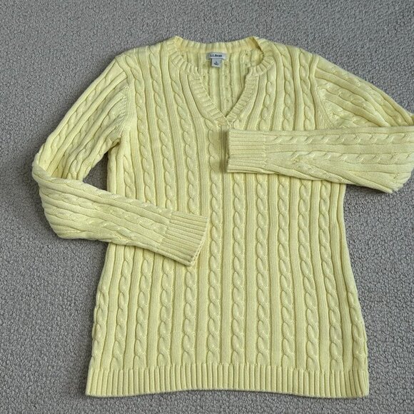 LL Bean Cable Knit Sweater Small V Neck Yellow - Picture 1 of 8